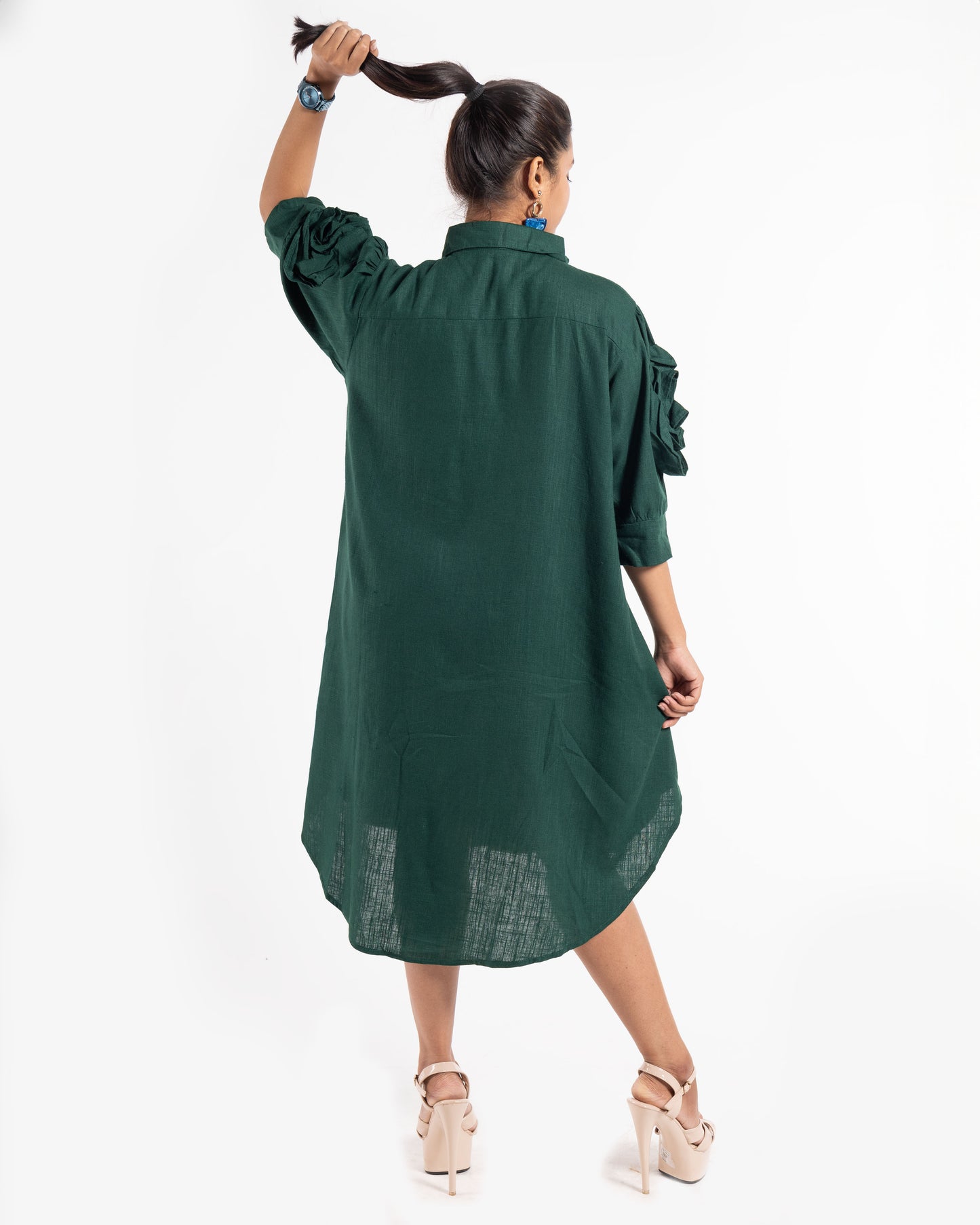Stone Collar Flower Sleeves Shirt Dress