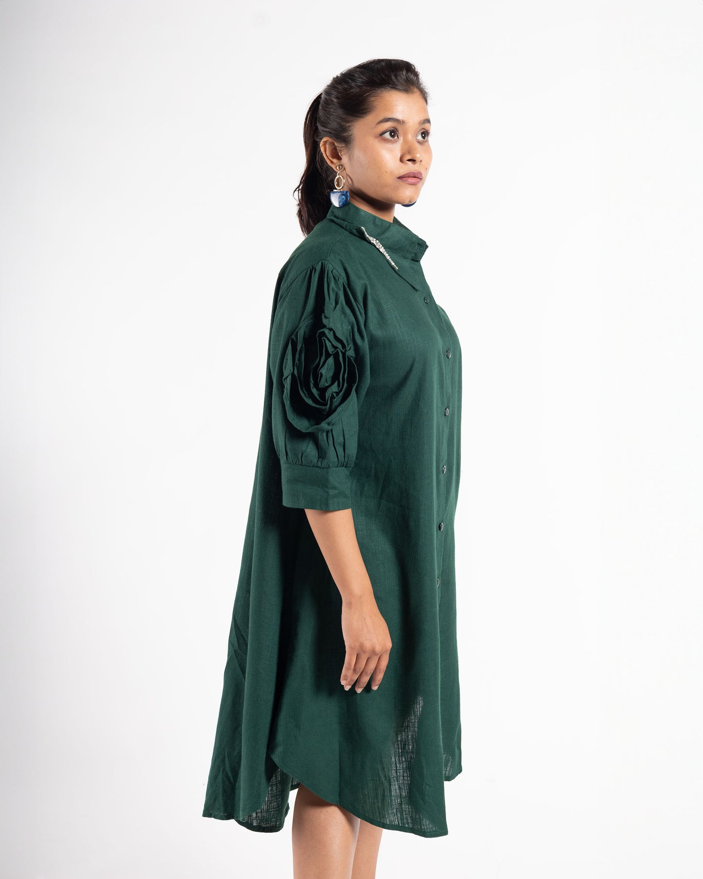 Stone Collar Flower Sleeves Shirt Dress