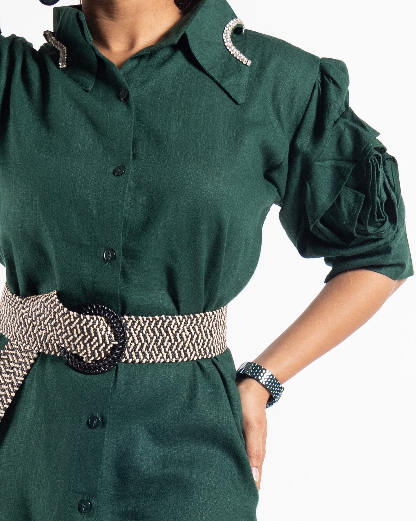 Stone Collar Flower Sleeves Shirt Dress