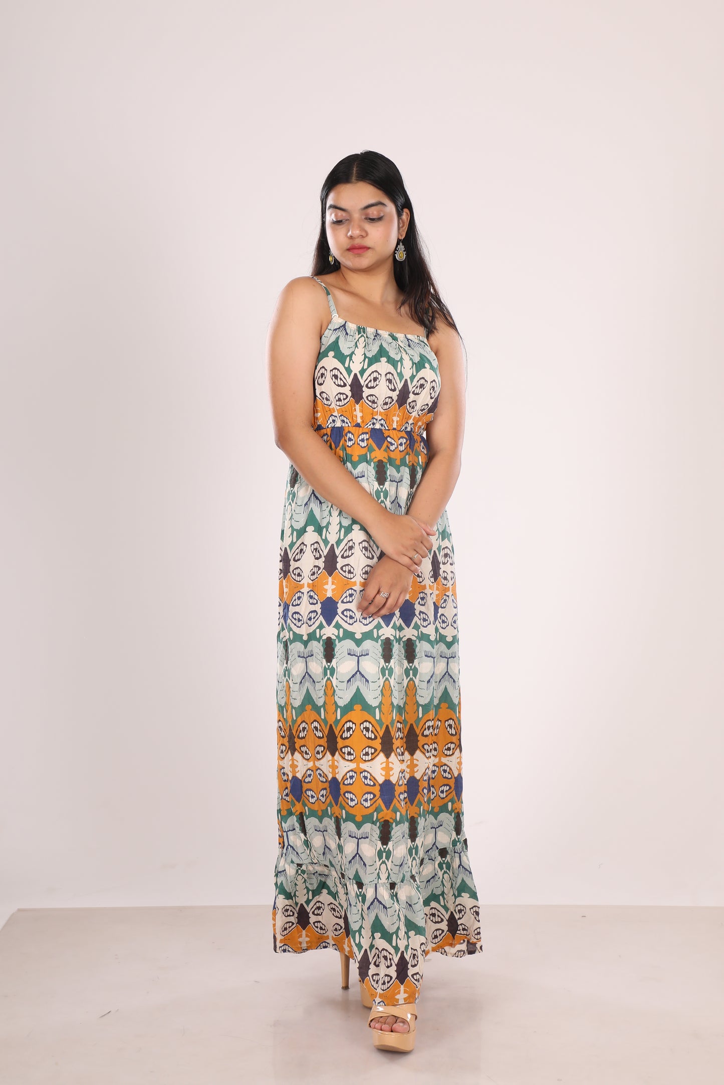 Ethnic Print Spaghetti Sleeves Dress