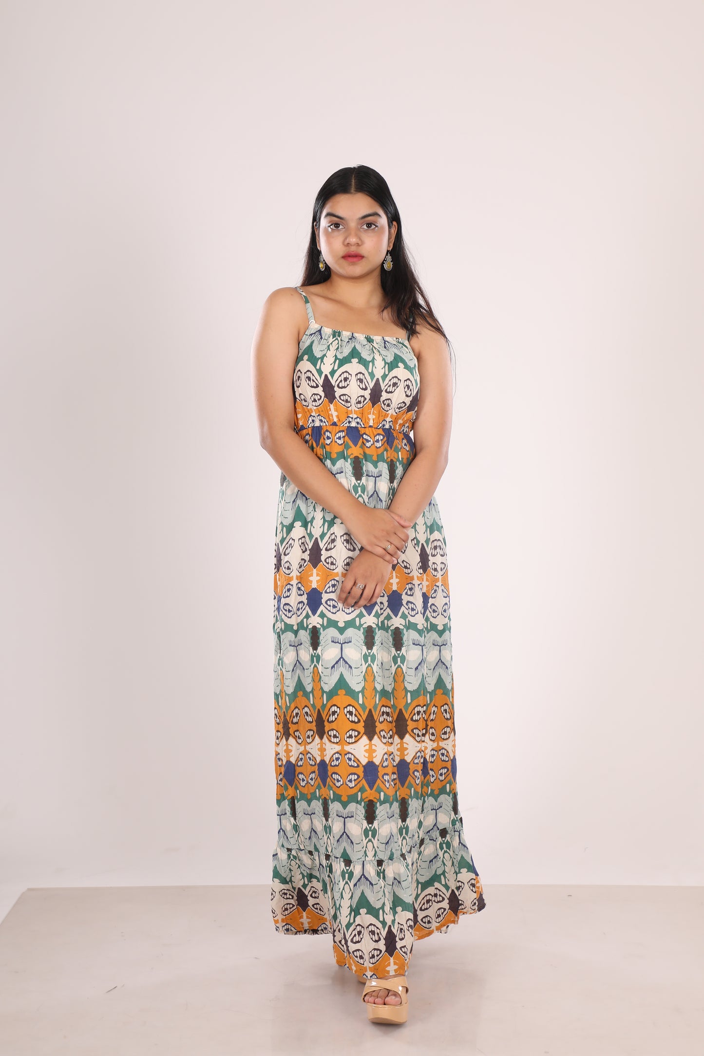Ethnic Print Spaghetti Sleeves Dress