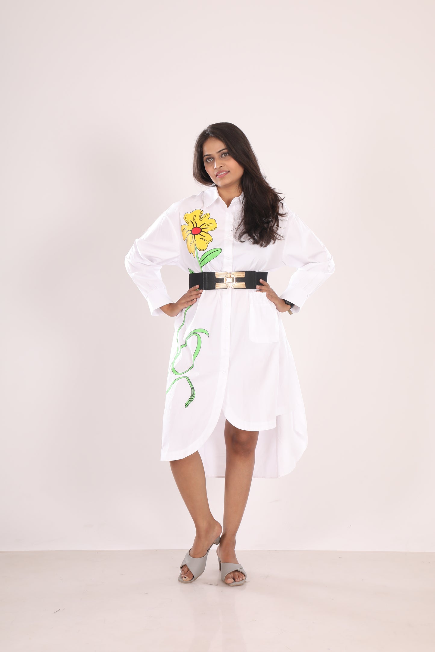 White High Low Shirt Dress with Yellow Flower Ensemble