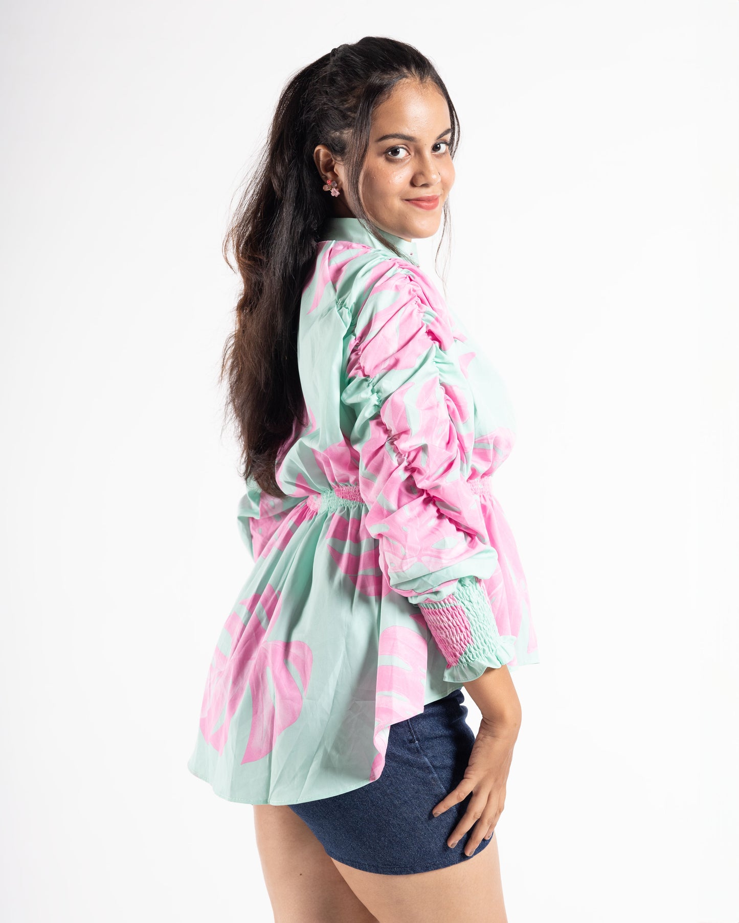 Turquoise Pink Elastic Puffed Sleeves top