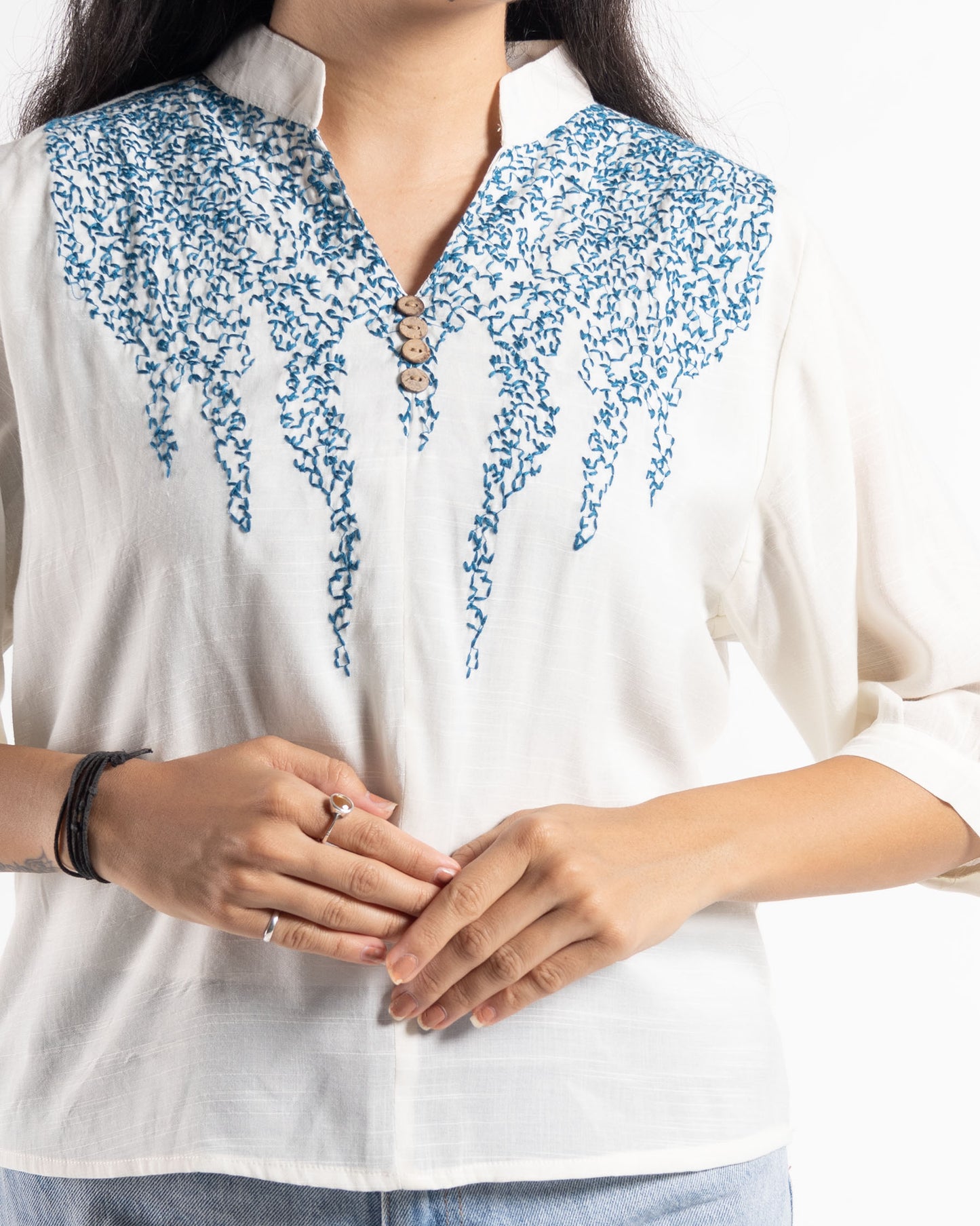 Blue Embroidered V neck Top