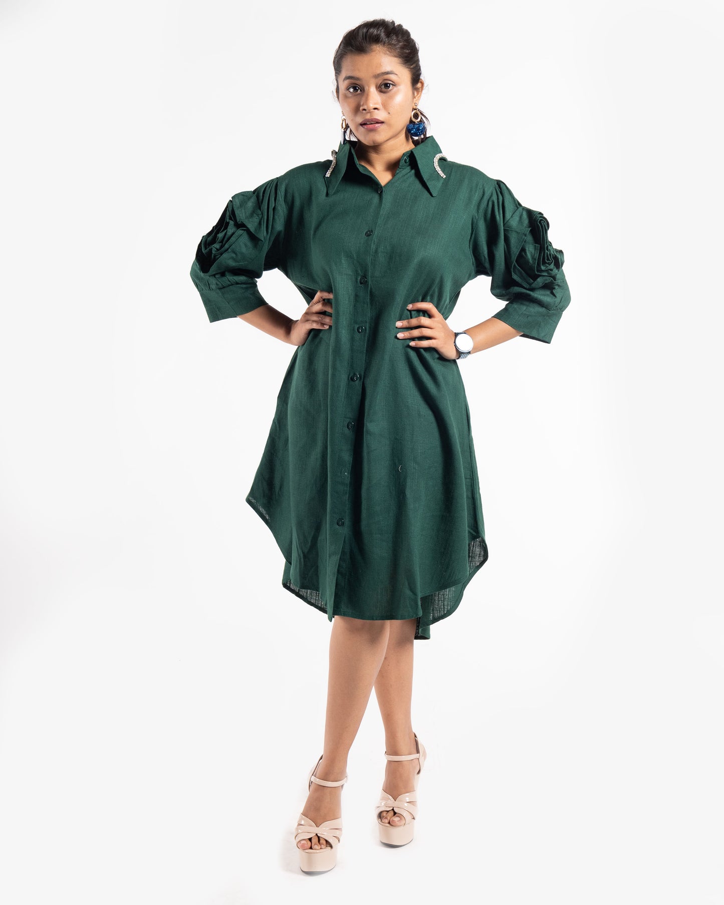 Stone Collar Flower Sleeves  Shirt Dress