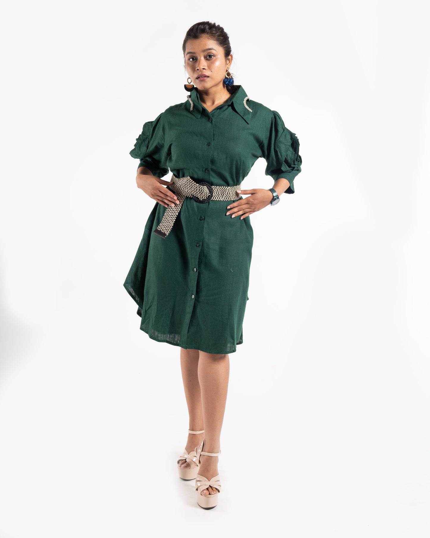 Stone Collar Flower Sleeves  Shirt Dress