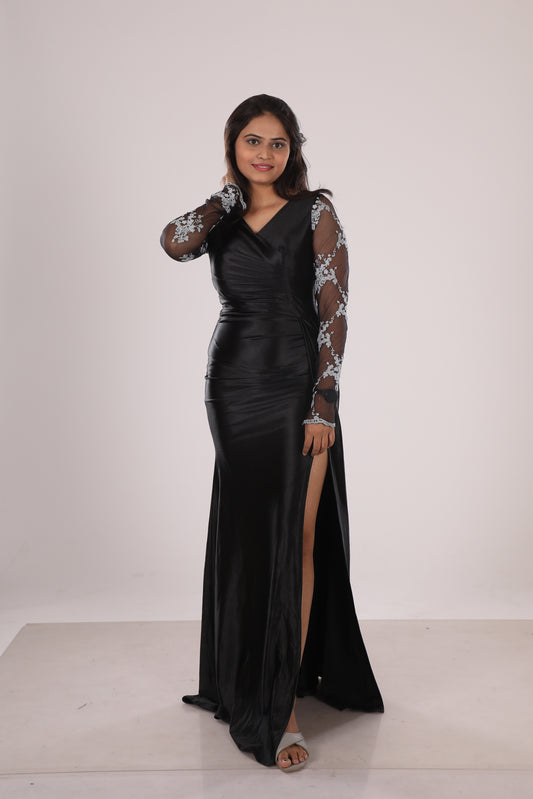 Shinny Silky Back Slit Gown with Netted Sleeves