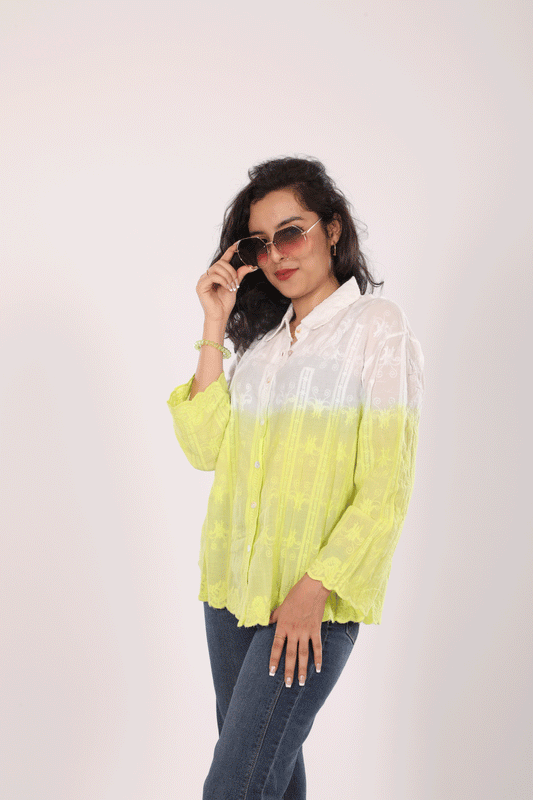 Tye-Die White Green Embroidered Shirt