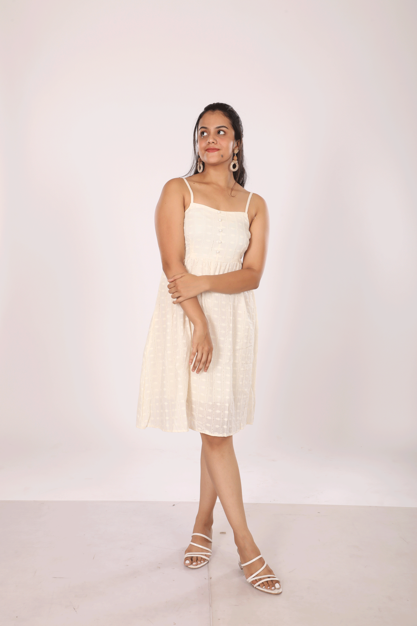 Off White Spagetti Short Chikankari Dress