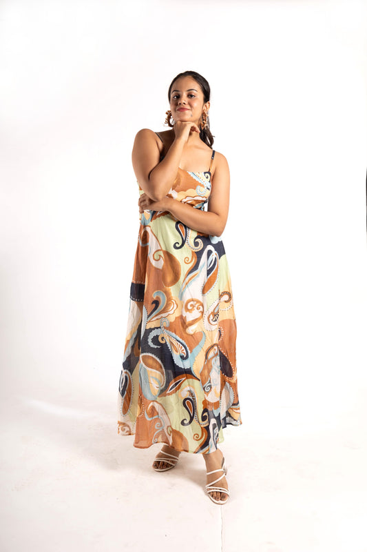 Boho Chic Printed Midi Dress with Cutout Detail